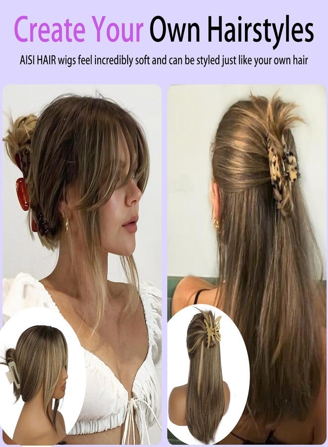 AISI HAIR Brown Highlight Wig with Bangs for Women, Free Parting Middle Length NaturalLayered Straight Wig for Daily Party and Beginner Friendly - Image 5
